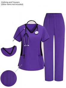 2 件套纯色短袖套装，多口袋制服套装，适用于美容店/宠物店 - 紫色 - 查看 1