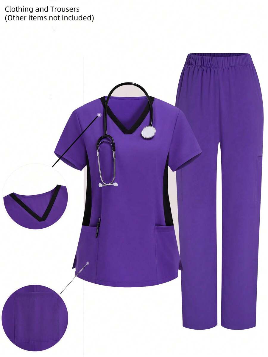 2 件套纯色短袖套装，多口袋制服套装，适用于美容店/宠物店 - 紫色 - 查看 1