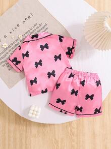 Conjunto de 2 piezas para bebé niña con pantalón corto y blusa de manga corta con estampado de moño, para primavera/verano - Rosa Roja - Ver 3