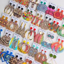 10 Pairs Boho Style Wooden Stud Earrings With Colorful Geometric Hollow Print, Suitable For Daily, Party And Gathering Wear, Random Design