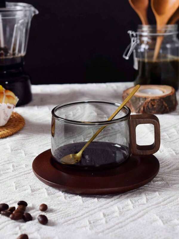 1 Set Vintage Style Glass Coffee Cup & Saucer, With Wooden Coaster And Metal Spoon, Hand-Crafted Glass Design, Personalized Coffee Cup For Couples