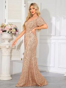 hezixi Solid Color Romantic Party Sequin Patchwork Zipper Slit Evening Party Wedding Anniversary Graduation Party Music Festival Holiday Cocktail Wedding Guest Graduation Ball Mixed Sequin Tassel, Elegant - Champagne - View 6