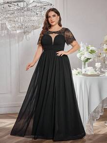 Plus Size Women Sweetheart Collar Lace Patchwork Short Sleeve Solid Color Chiffon Pleated Waist High-Low Elegant Bridesmaid Dress - 黑色 - 查看 3