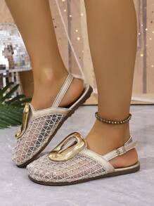 Women's Summer New Headscarf Mesh Circle Buckle Woven Flat Sandals, Fashion Versatile Breathable Slip-On Vacation Slippers