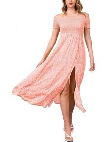 Vestido largo casual y suelto para mujer estilo boho de verano con hombros descubiertos y mangas de campana - Rosa - Ver 3