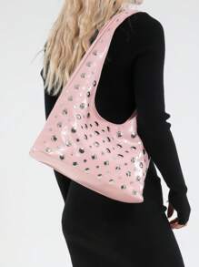 Borsa grande da donna per la primavera/estate, borsa per mamme, colore unito, decorata con borchie in stile motociclistico in PU, a forma di mezza luna, adatta per l'ufficio e lo stile casual, di stile coreano, regalo per la Festa della Mamma, borsa a tracolla, estiva, durevole, multifunzionale, con cerniera, adatta per viaggi di lavoro, grande capacità