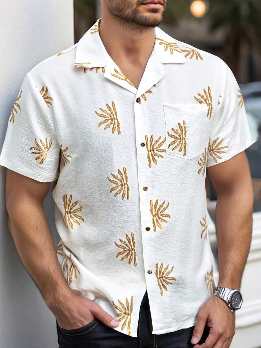 夏季男士印花领短袖衬衫,度假风翻领纽扣休闲衬衫,成熟印花领短袖衬衫,简约优雅通勤衬衫,夏季沙滩休闲领短袖上衣 - 白色 - 查看 1