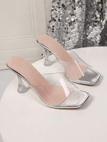 Damskie sandały na obcasie z kryształkami, przezroczyste szpilki w stylu wróżek z kwadratowymi noskami, damskie sandały na obcasie typu mule z przezroczystymi paskami i wąskimi, dużymi, seksownymi, minimalistycznymi obcasami - Srebro - Zobacz 5