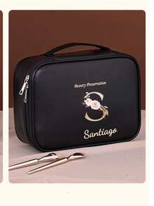 1pc Personalized Cosmetic Storage Bag With 26 Letter Pattern & Customizable Text, Large Capacity, Premium Makeup Organizer, Niche Design, Versatile, Practical, Minimalist, Vacation Atmosphere, Birthday Gift