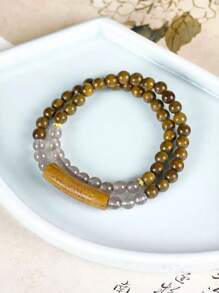 1pc Multi-Layer Wrapped Green Sandalwood, Gray Crystal Carved Text Beaded Bracelet For Women, Vintage Bohemian Elegant Fashion Accessory For Daily, Party, Vacation, Prayer, Meditation Wear
