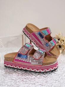 2026 Spring/Summer New Women's Sandals, Double Strap With Rhinestones, Fashionable Thick Sole Slippers, Random Floral Patterns, Essential For Vacation & Beach, Suitable For All-Day Wear - Rose Red - View 8