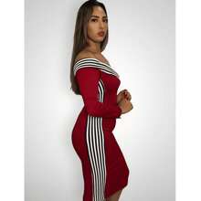 Off-The-Shoulder Long Sleeve Ribbed Midi Dress With Side Stripe - 紅色 - 查看 4