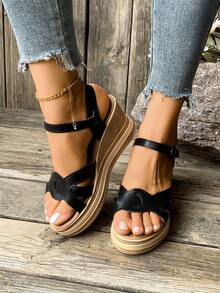 Sandali con zeppa e piattaforma nuovi per l'estate da donna, ciabatte nere alla moda e versatili, sandali estivi con tacco alto casual e stilosi, scarpe estive da donna - nero - Visualizzare 2