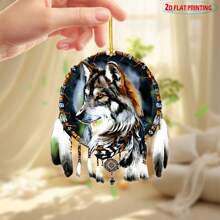2D Wolf Totem Traumfänger für Autos, Sommersonnenwende mysteriöse Hängedekoration - Vatertags Auto Geschenk, Road Trip Talisman, moderner bohemischer Acryl Anhänger, ganzjährig verwendbar (ohne Federn)
