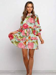 1pc Women's Floral Print Round Neck 3/4 Sleeve Double Layer Ruffle Waist Tie Short Dress, Bohemian Dress, Hawaiian Style, Graduation Party, Concert