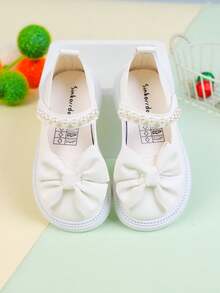 1 Pair Girls Bow-Knot PU Leather Princess Shoes With Hook And Loop Design, Suitable For Spring And Autumn - Beige - View 4