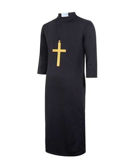 1 Pc Black Godfather Priest Costume, Adults Slim Fit Long Sleeve Clergy Outfit With Cross Pendant, Carnival Cosplay Party Dress Up