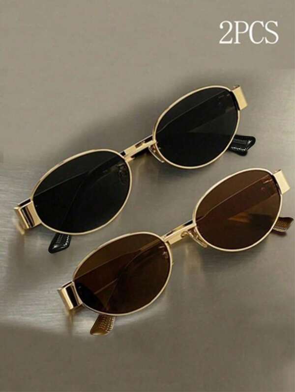 1 pieza/2 piezas Gafas de moda con marco negro y metal ovalado, aptas para uso diario, viajes, vacaciones, playa