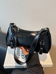 1 件 Y2K 风格甜美摩托车铆钉装饰简约单肩包，便携式手提包，适合女孩购物、街头风格、摩托车和日常使用 - 黑色 - 查看 2