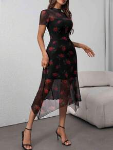 Women's 2025 Summer Floral Print Vintage Goth Dress Mesh Spliced Double-Layered Irregular Hemline Midi Dress - Multicolor - View 9