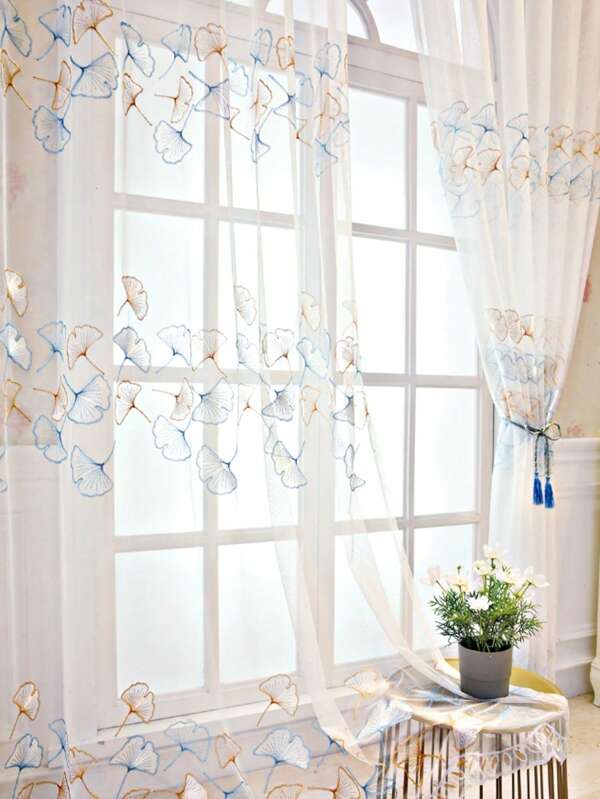 1 pieza de Cortinas bordadas de hoja de ginkgo coreana de lujo perforadas para habitación infantil, sala de estar y dormitorio