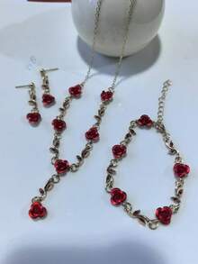1pc Necklace + 1pc Bracelet + 2pcs Earrings Jewelry Set, Vintage Rhinestone Rose Flower Pendant Necklace, Bracelet And Earrings Set, Suitable For Women Wearing In Red And Blue Rose Design - Red Rose Jewelry Set - View 1