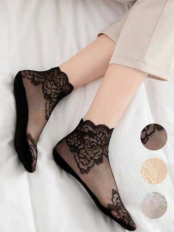 1/5 Pairs Women Lace See-Through Short Socks, Thin Breathable Lace Liner Socks For Daily Wear In Summer