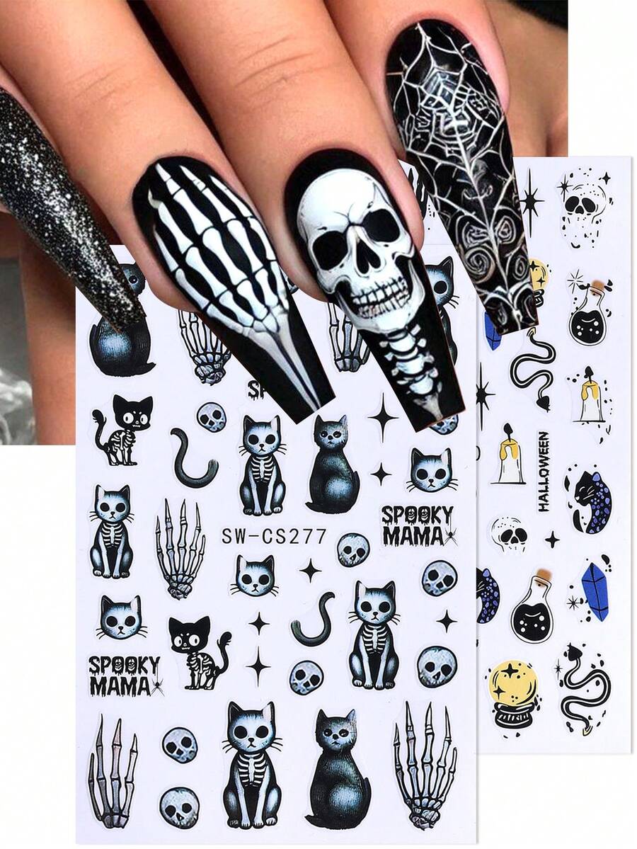 3D 万圣节骷髅美甲贴纸 2 件黑蓝色彩色恐怖骷髅手猫蜡烛漂流瓶星形骷髅字母蜈蚣卡通美甲贴花 DIY 万圣节派对装饰节日美甲主题装饰万圣节装饰 - 彩色 - 查看 1