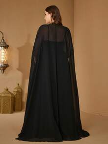 UNITHORSE 加大码V领长款泡泡袖黑色雪纺刺绣连衣裙 - 黑色 - 查看 2