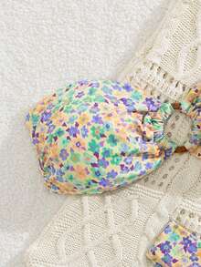 性感欧美印花比基尼，撞色条纹，波西米亚风系带和撞色饰边