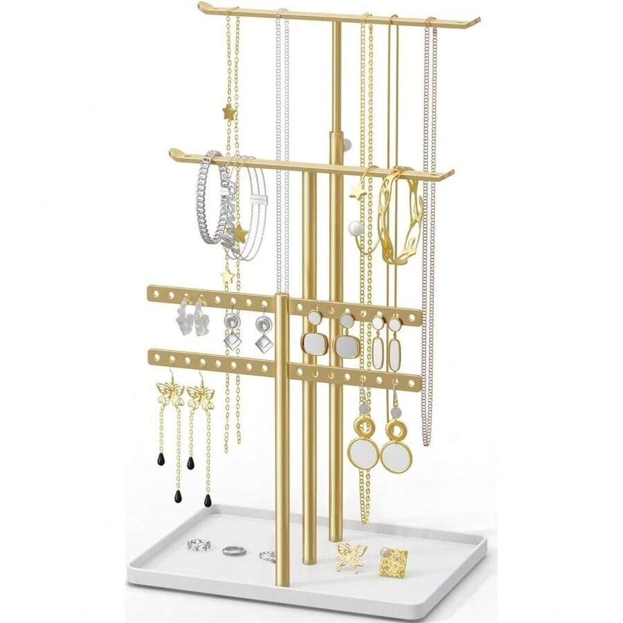 Jewelry Holder Organizer Stand - Adjustable Jewelry Tree 17.5" Height (Max), Jewlery Hanger For Necklaces, Bracelets, Earrings, Aesthetic For Storage And Display, Metal, Gold And White - Gold - View 1