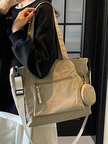 Large Capacity Unisex Tote Bag With Coin Purse 1pc New Korean Style College Style Middle School Student Schoolbag Casual Bag Crossbody Shoulder Bag Canvas Bag Slant Cross Bag, Women Bag With Dime Bag, School Bag For Shopping, Holiday, Fashionable Tote Bag With Zipper, Large School Tote Bag, Multiple Compartments, Perfect For Beach, School, Work & Daily Use - Light Khaki - View 14