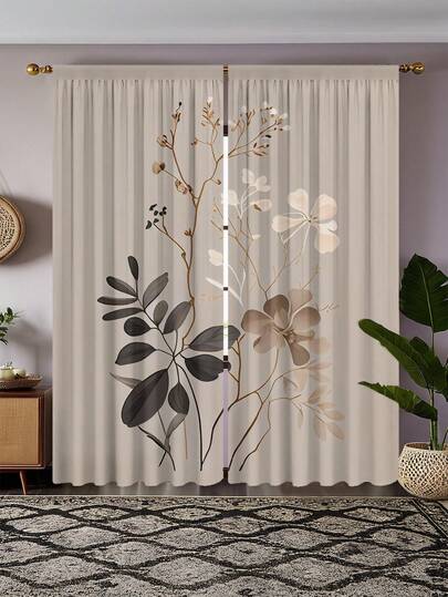 2pcs Elegant Semi-Sheer Floral Printed Curtains, Washable Polyester Decorative Curtains For Living Room, Bedroom, Study, Rod Pocket Hanging, Natural Inspiration Design, Durable Curtains