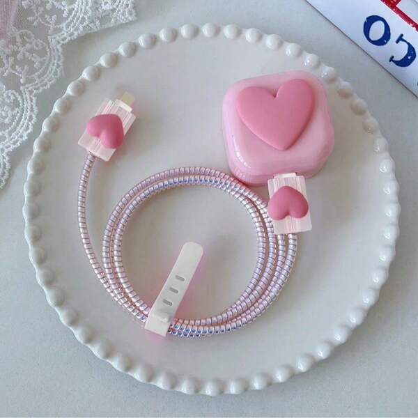 5pcs/Set Heart Shaped Colorful Cases Compatible With Iphone Charging Cable, Compatible With 20W UK Charger, Preventing Cable Breakage Cable Protector, Charger Protector