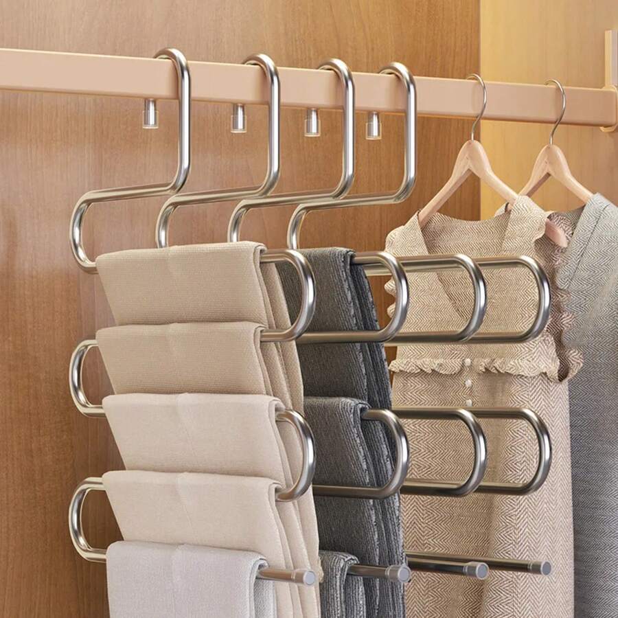 5 Capas de Perchas Multifuncionales para Ropa, Estante de Almacenamiento de Pantalones Antideslizante, Estante de Ropa conúltiples Funciones para Colgar y Almacenar - Gris Claro - Ver 1