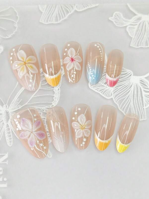 A Set Of 10 Medium-Length Almond-Shaped Delicate Nail Tips, Featuring Y2K Hand-Painted Colorful Gradient Ombre French-Style 3D Carved Sea Ice Flower Polka Dot Lines Nude Minimalist Style Nail Accessories.