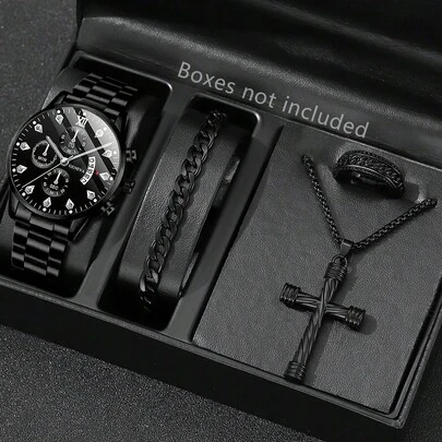 4件套男士不锈钢手链手表，日历功能，混合刻度圆形表盘，休闲嘻哈十字架项链和戒指首饰套装，适合日常佩戴或作为礼物