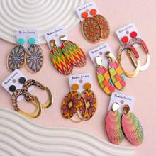10 Pairs Boho Style Wooden Stud Earrings With Colorful Geometric Hollow Print, Suitable For Daily, Party And Gathering Wear, Random Design