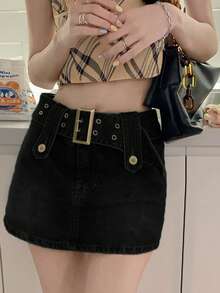 垃圾摇滚弧形下摆牛仔裙（配可拆卸腰带）（夏季） - 黑色 - 查看 3