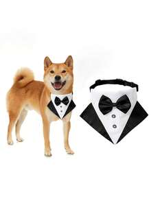 1pc Formal Dog Tuxedo, Wedding Dog Collar With Bow Tie, Adjustable Pet Wedding Collar Bandana, Suitable For Small, Medium And Large Dogs - Black and White - View 1