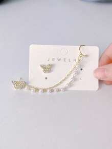 1对简约不对称仿珍珠链条流苏蝴蝶微晶耳环及耳夹套装，适合约会、派对、圣诞节礼物、情人节配饰