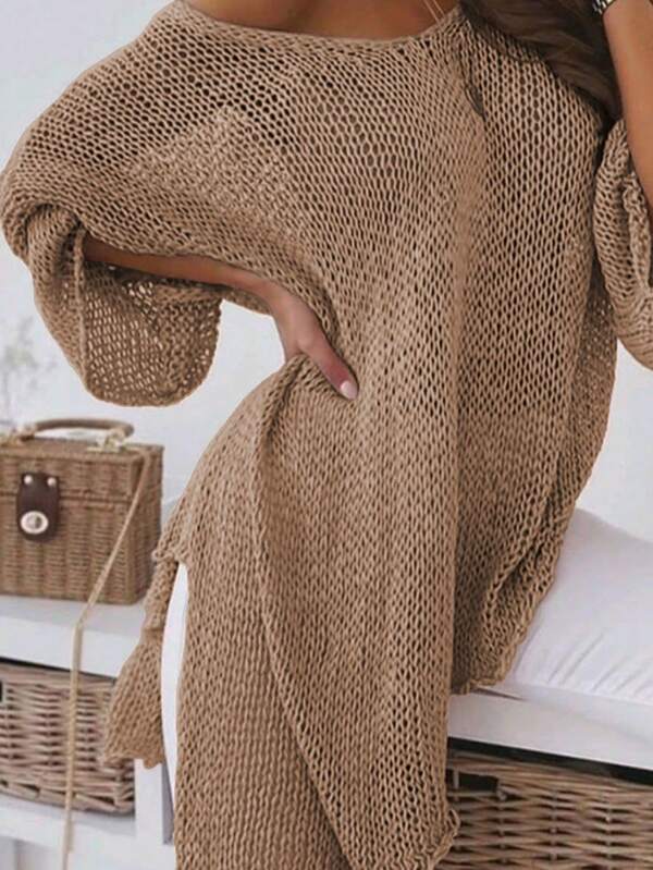 Plus Size Solid Color Round Neck Casual Loose Side Slit Asymmetrical Hem Knit Pullover Sweater