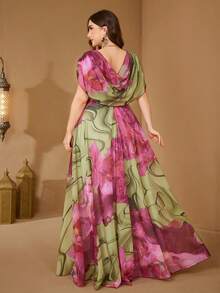 SUPGIR Plus Size V-Neck Watercolor Print Elegant Chiffon Flare Party Evening Dress - Hồng - Xem 2