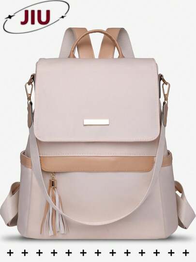 女士防盗流苏复古尼龙双肩包，多功能时尚日常包，多口袋轻便旅行包，大容量简约书包，便捷书包，适合学生、护士、教师、商务人士、旅行度假、商务出行、日常通勤、购物、办公、约会、徒步、训练、工作、生日礼物、节日礼物