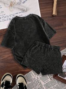 Coton, imprimé amusant d'été pour femmes, style coréen rétro avec imprimé de totem de cerise, vêtements vintage confortables pour femmes, vêtements polyvalents Y2K pour femmes, mode de niche régulière pour femmes, vêtements Y2K punk grunge avec t-shirts graphiques lavés pour femmes, ensemble t-shirt à manches courtes + short lavé et veste en jean lavé - Noir - Voir 2