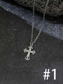 Gothic Style Cross & Star Studded Stainless Steel Necklace, Unisex - Silver - View 4
