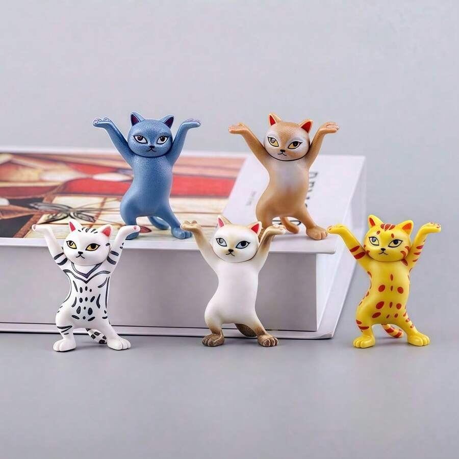 5pcs/Set Gravity-Defying 'Cat Holding Pen' Car Decoration & Desktop Ornaments, Cute Cartoon Creative Gift, Silicone Non-Slip Odorless, Healing Office Companion (Random Cat Eye Color) - Multicolor - View 1