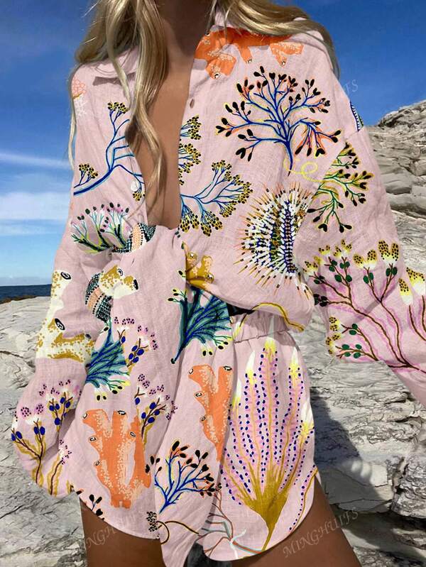 Plus Size Abstract Botanical Print Two Pieces Tropical Print Tie Front Cami Top & Blouse & Shorts