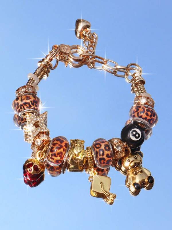 1 Stück Rückkehr-zur-Schule Leopardenmuster Teddybär Dekor Armband, Straßenmode Stern Armband, Abschlusskappe Armband, Renaissancestil Teddybär Armband, dunkles Skelett Dekor Armband