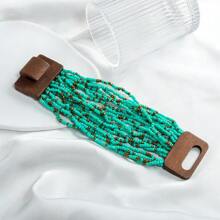 1pc New Geometric Wooden Block Clasp Elastic Multilayer Faux Pearl Beads Bracelet, Bohemian Women Jewelry
